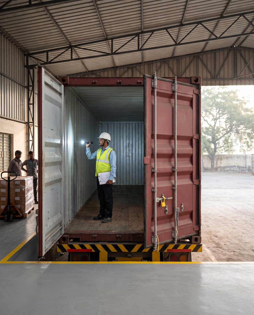 C-TPAT seven-point inspection: an inspector checks the side wall of an empty 20-foot shipping container with a torch before loading.