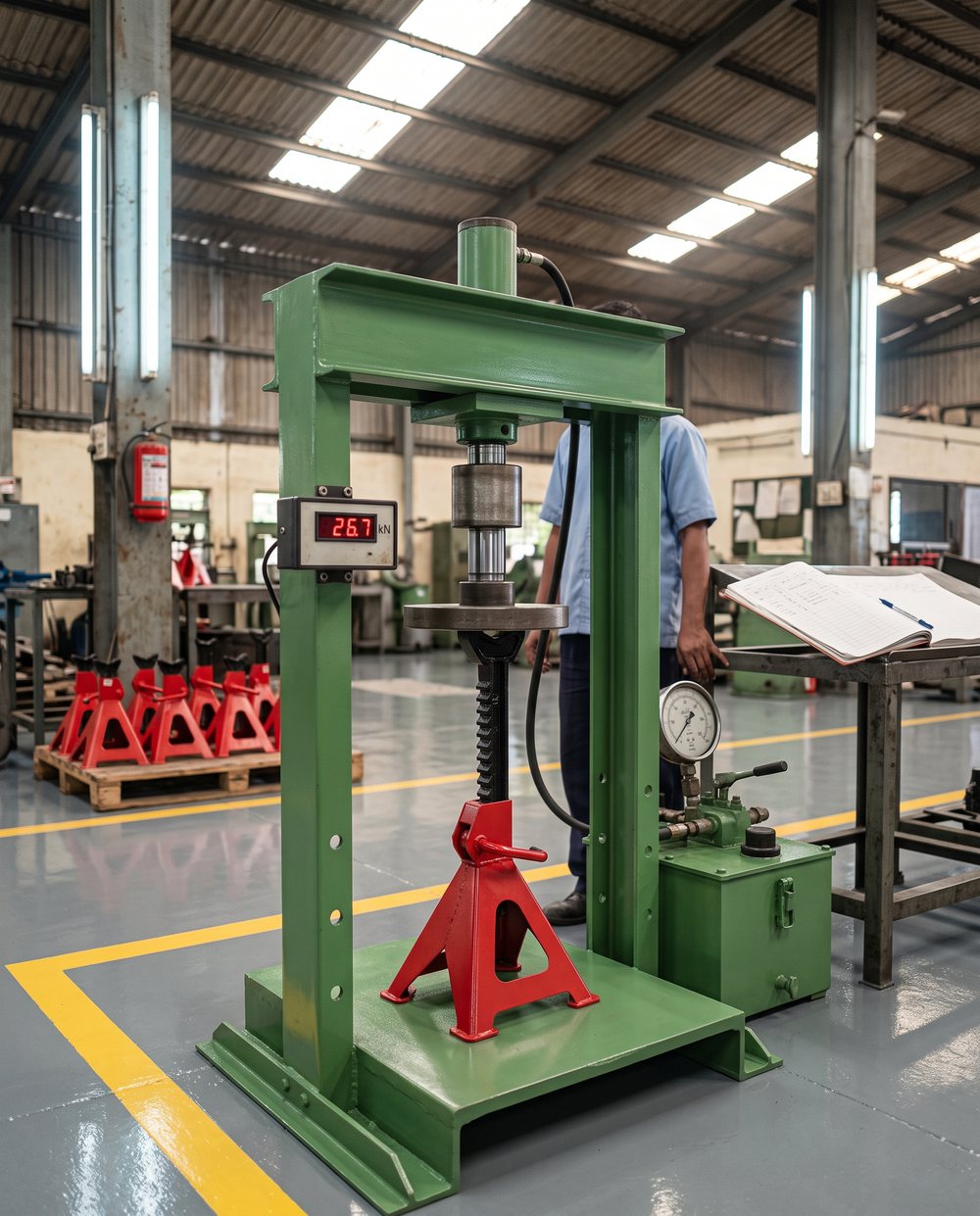 Jack stand proof-load test on a factory shop floor: a red ratchet jack stand under the platen of a green hydraulic test press; the load display reads 26.7 kN.