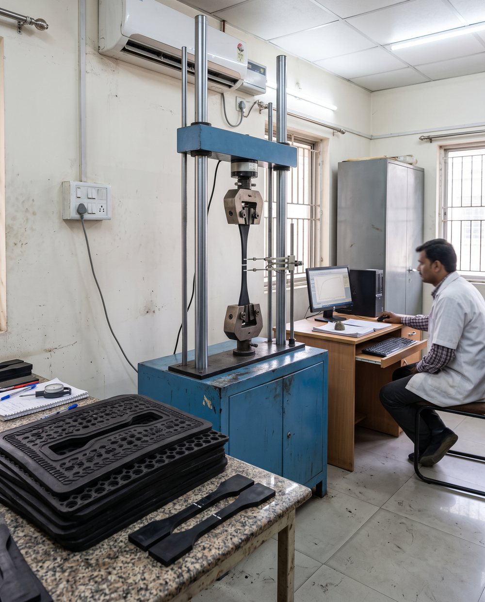 Rubber tensile test in a factory lab: a black rubber dumbbell cut from a floor mat, stretched in a blue testing machine while a technician follows the curve on the computer.