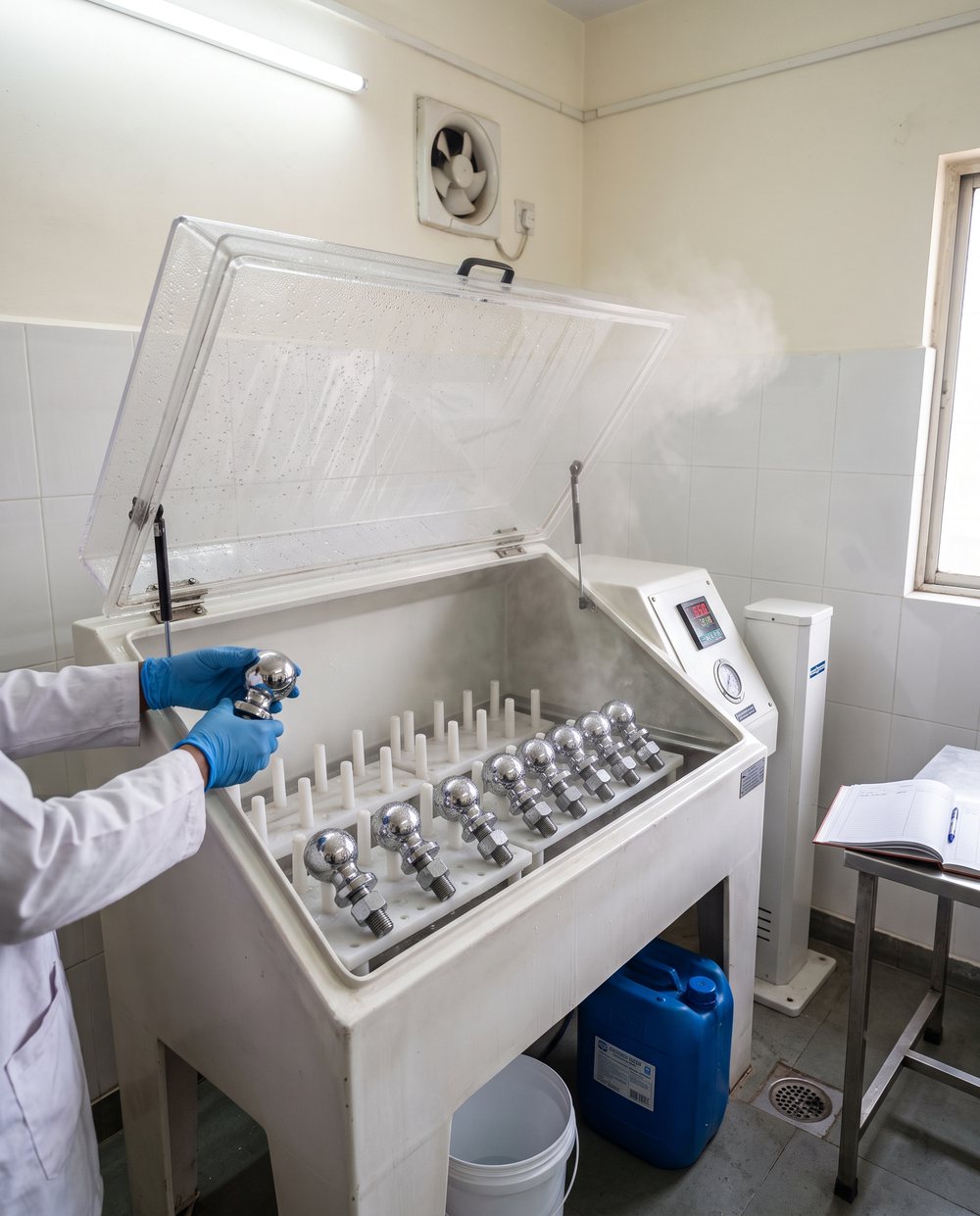 Salt spray test in a factory lab: chrome trailer hitch balls on a rack inside an open salt spray cabinet, one lifted out for inspection.