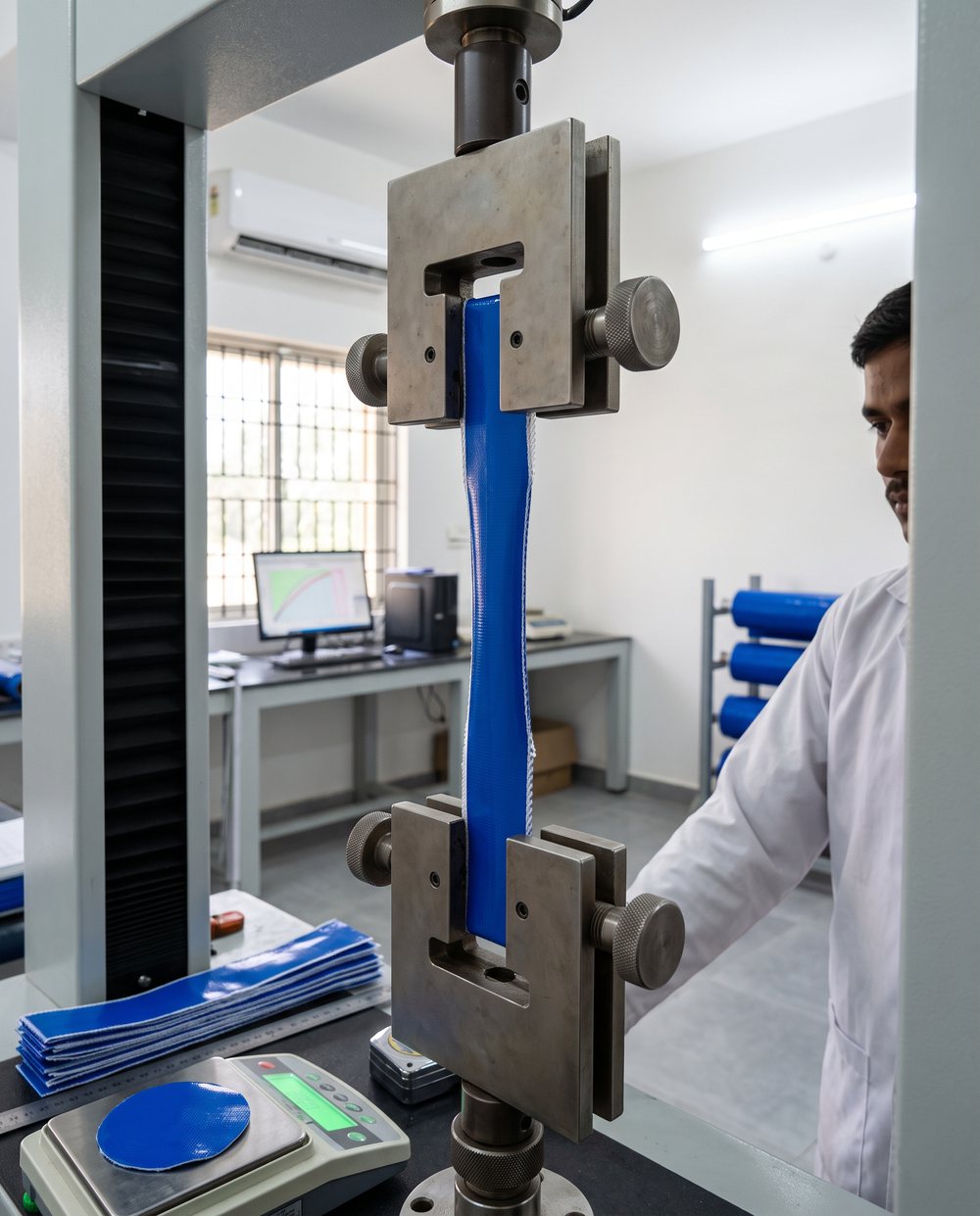 Tarpaulin tensile test in a factory lab: a strip of blue PVC-coated tarpaulin stretched between the grips of a testing machine, with tarpaulin rolls behind.
