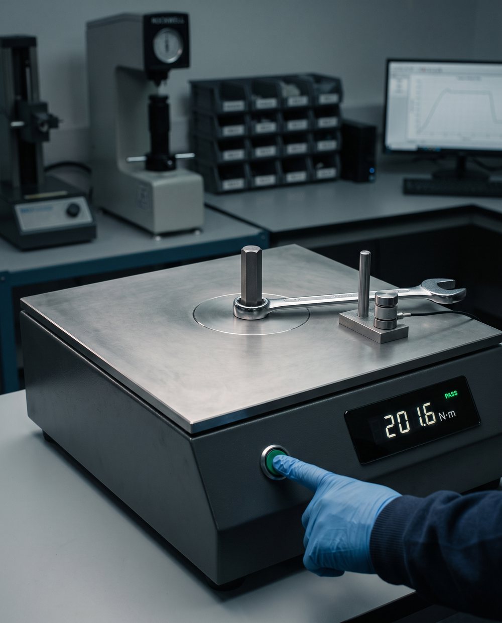 Wrench proof-torque test: a 17 mm combination wrench seated on a hardened hex test mandrel; the display reads 201.6 N·m and PASS.